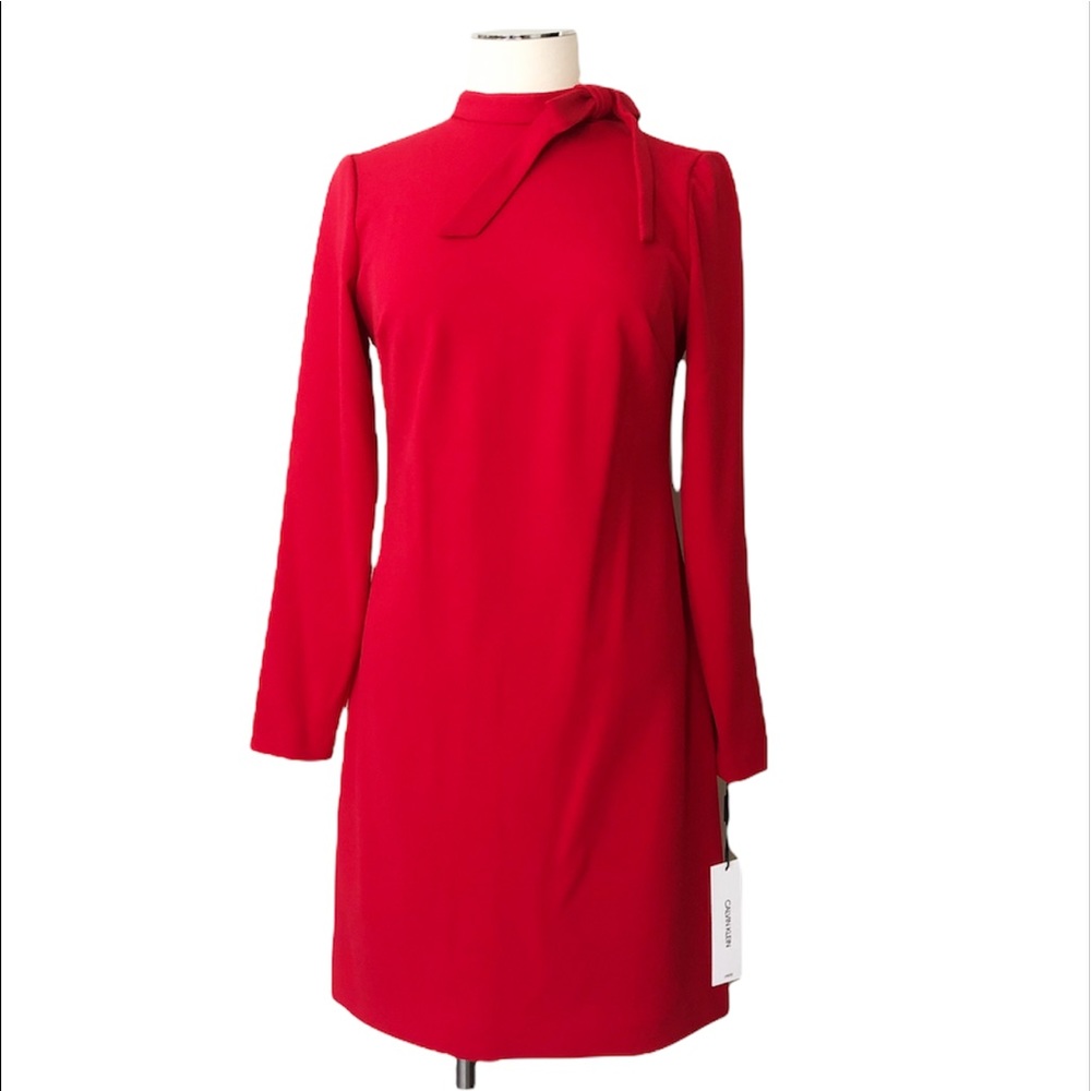CALVIN KLEIN Bow Tie at Neck Exposed Gold Zipper Long Sleeve Red Sz 6 New